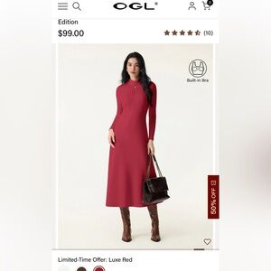 OGL Luxe Long-Sleeve Midi Dress in Luxe Red